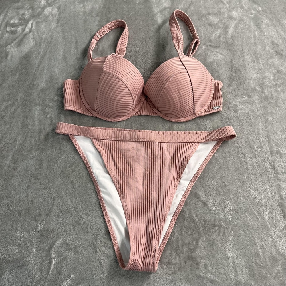PINK Victoria's Secret Swim Bikini Set Womens M Pink Ribbed Underwire Padded